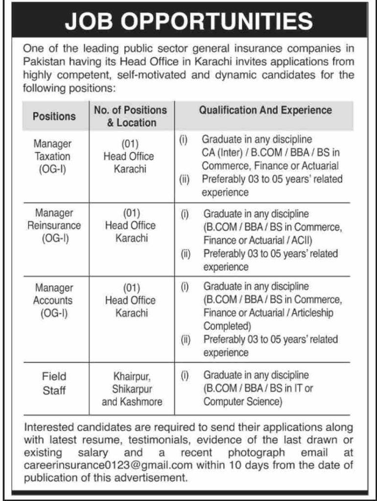 Public Sector Insurance Company Karachi Jobs 2025 