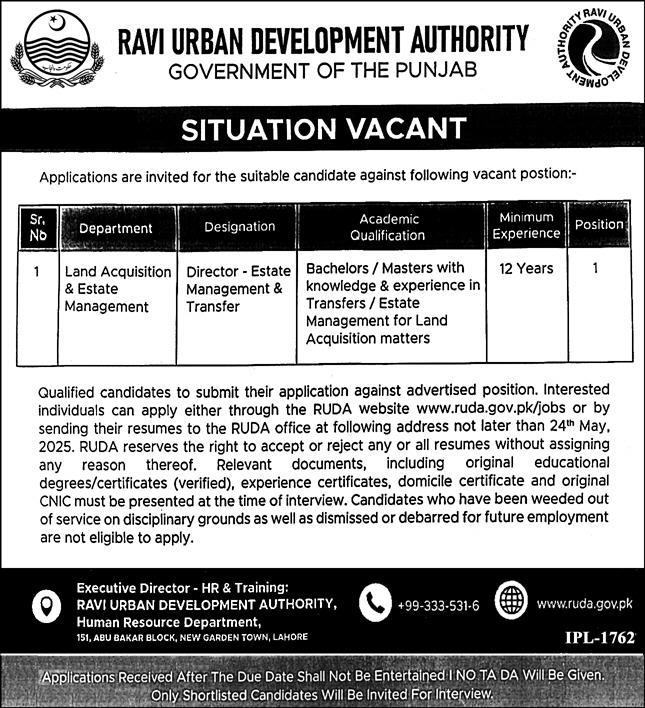 Ravi Urban Development Authority RUDA Latest Jobs 2025