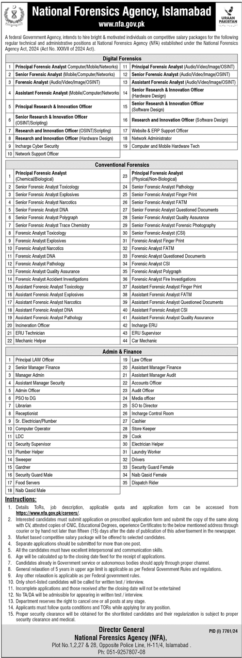 National Forensics Agency NFA Jobs 2025 in Islamabad