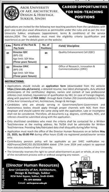 Aror University Sukkur Non Teaching Jobs 2025