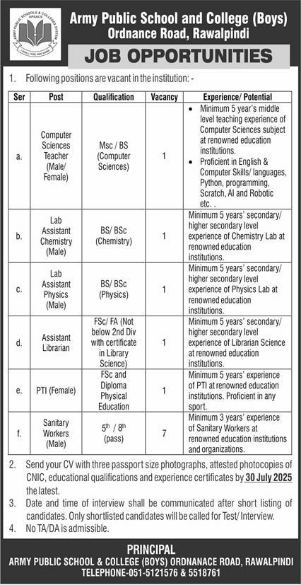 Army Public School and College Rawalpindi Jobs 2025