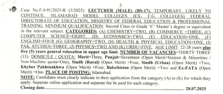 Male Lecturer Jobs in Islamabad Colleges