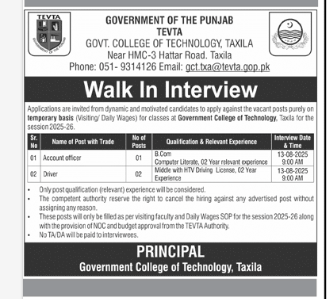 TEVTA Jobs for Account Officer and Driver in Taxila